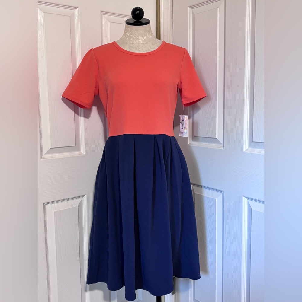 Lularoe Coral and Navy Color Block Amelia Dress NWT LRG